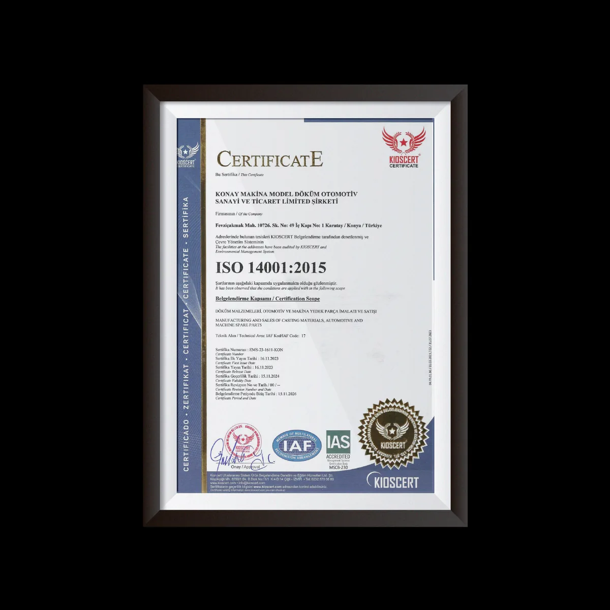 ISO 14001:2015 Konay Makina certificate