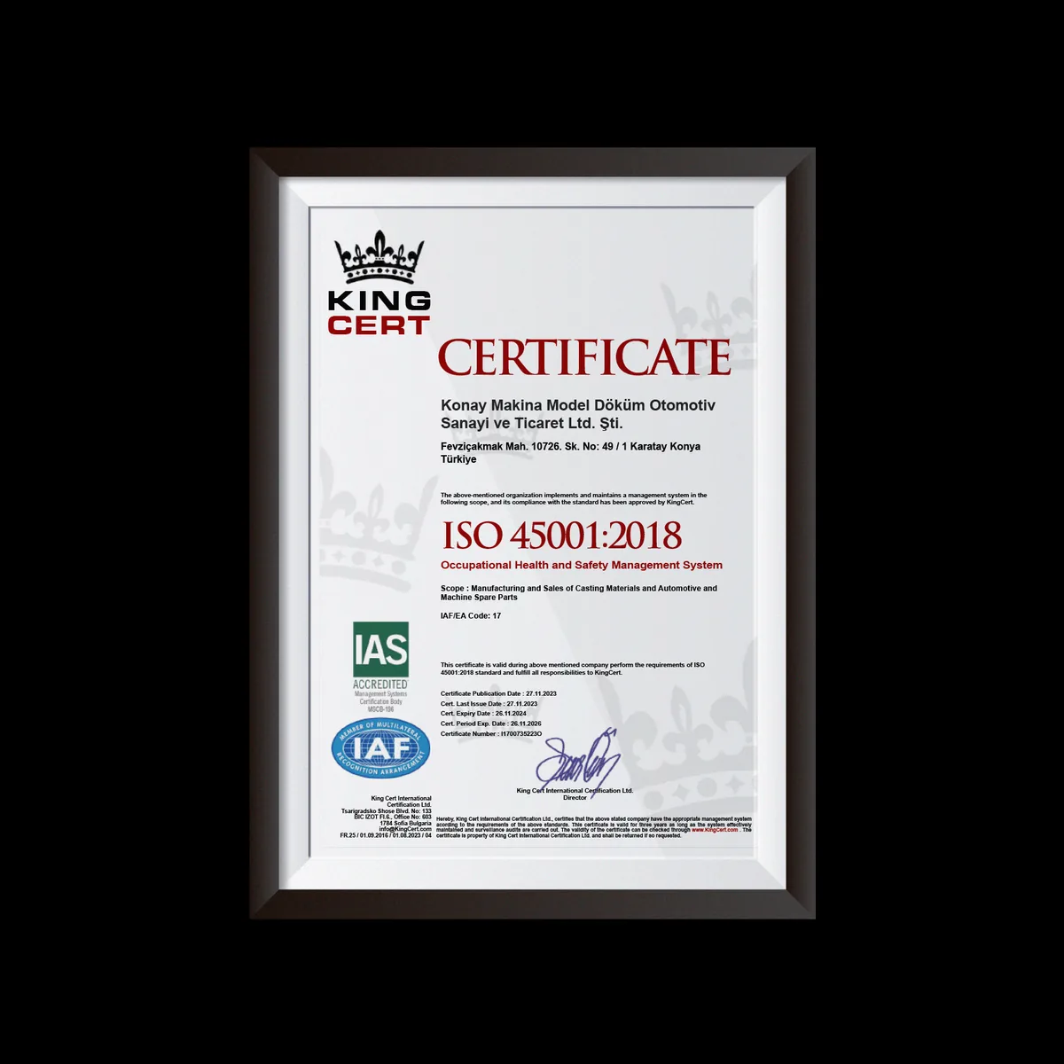 ISO 45001:2018 Konay Makina certificate