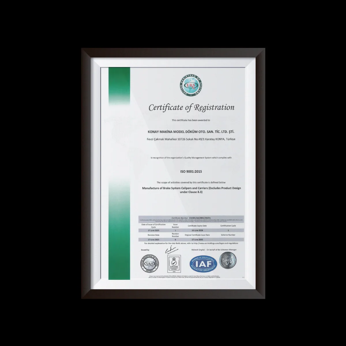 ISO 9001:2015 Konay Makina certificate